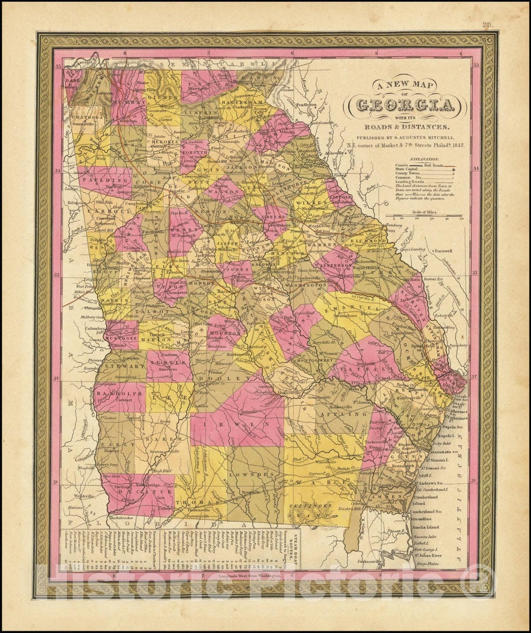 Historic Map : A New Georgia with its Roads & Distances, 1847, 1847, Vintage Wall Art