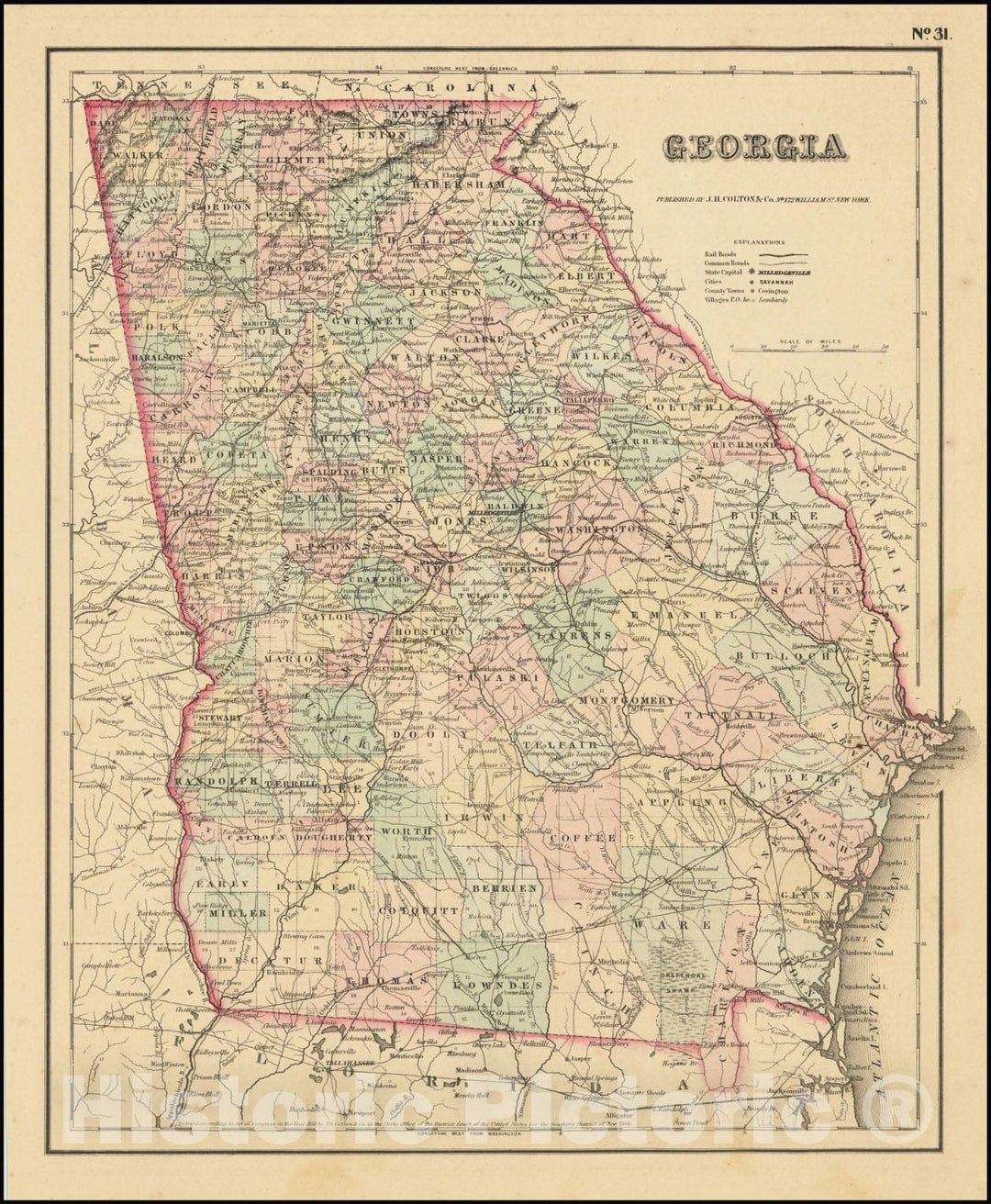 Historic Map : Georgia, 1857, Vintage Wall Art