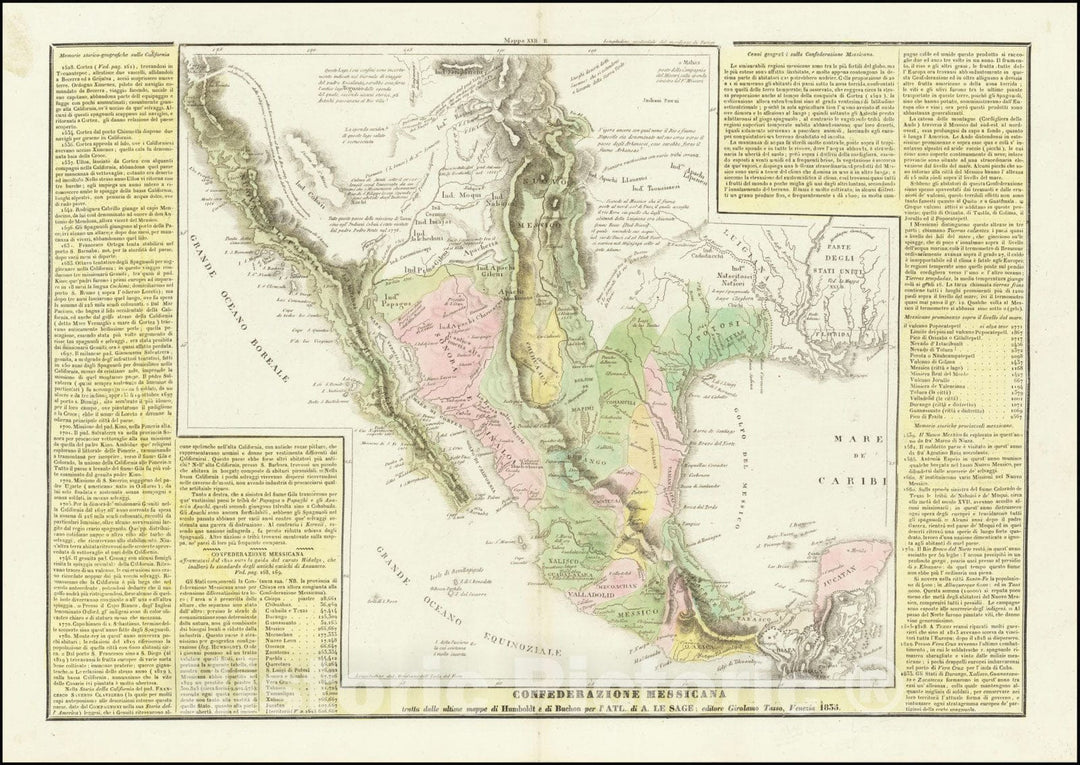 Historic Map : Confederazione Messicana tratta dalle ultime mappa di Huboldt, 1835, 1835, Vintage Wall Art