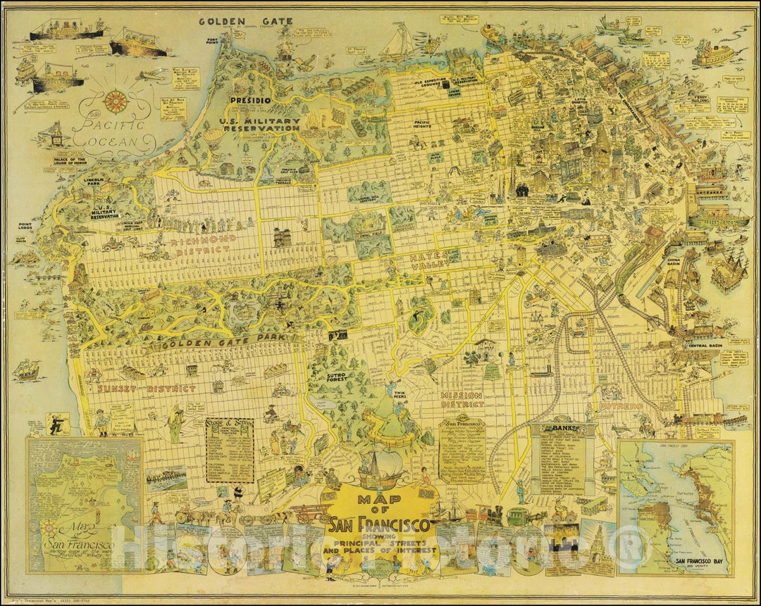 Historic Map : San Francisco Showing Principal Streets and Places of Interest,1927 (1970 ca), Vintage Wall Art