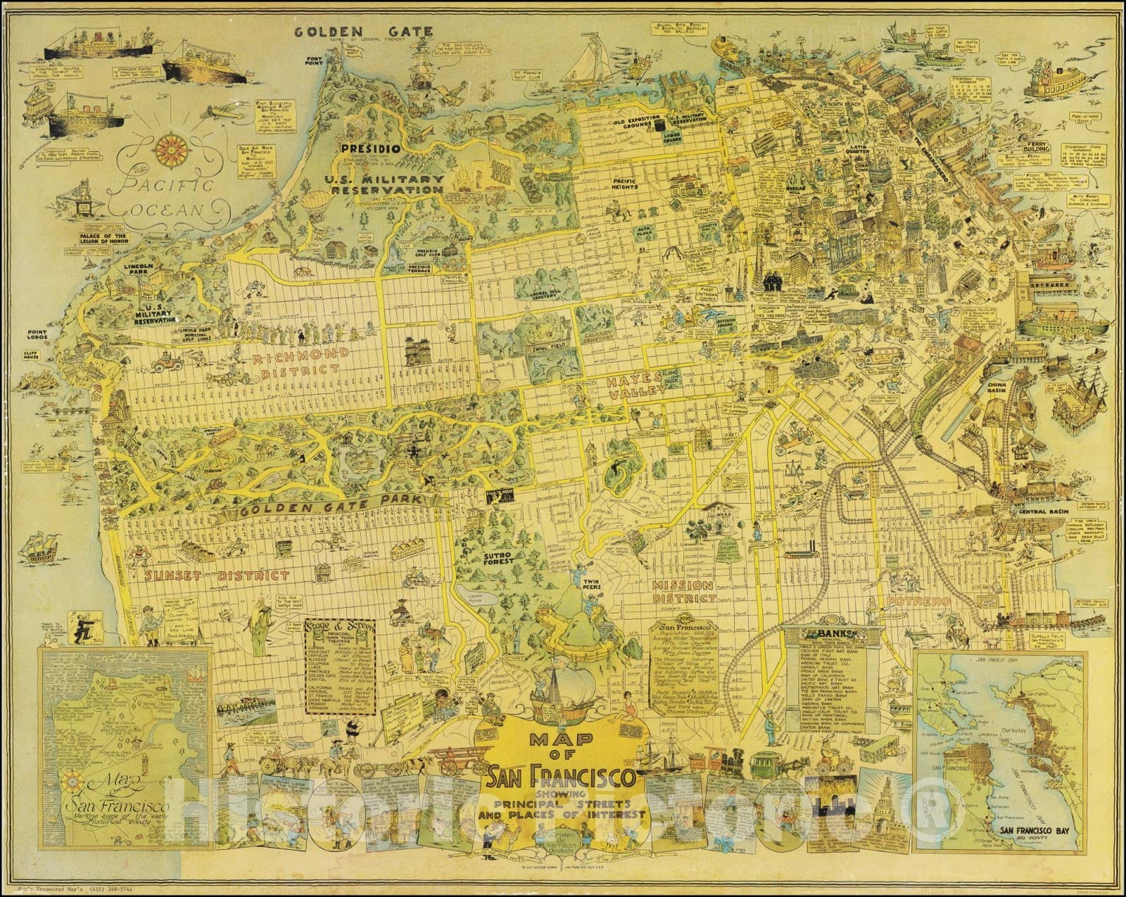 Historic Map : San Francisco Showing Principal Streets and Places of Interest,1927 (1970 ca), Vintage Wall Art
