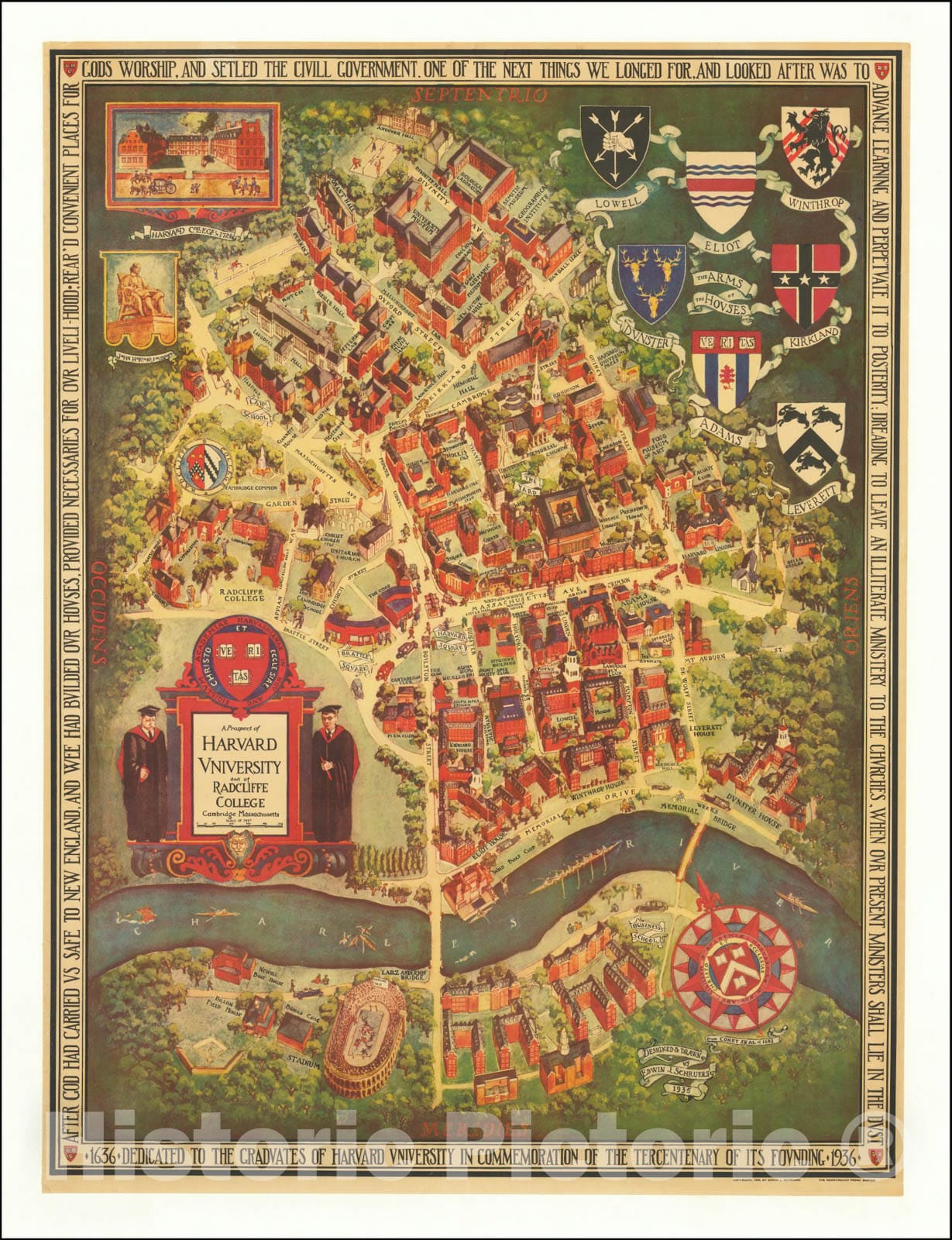 Historic Map : A Prospect of Harvard University and of Radcliffe College ,  1935, Vintage Wall Art