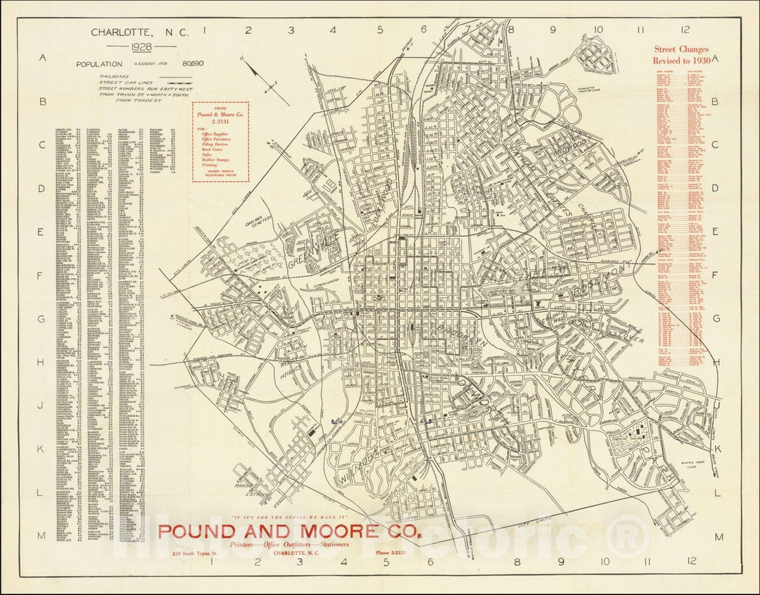 Historic Map : Charlotte, N.C.--1928Population 80,690, 1930, Vintage Wall Art
