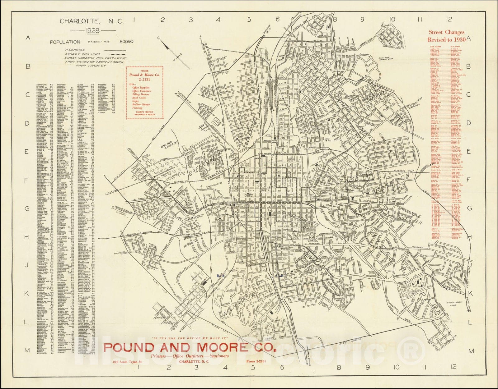 Historic Map : Charlotte, N.C.--1928Population 80,690, 1930, Vintage Wall Art