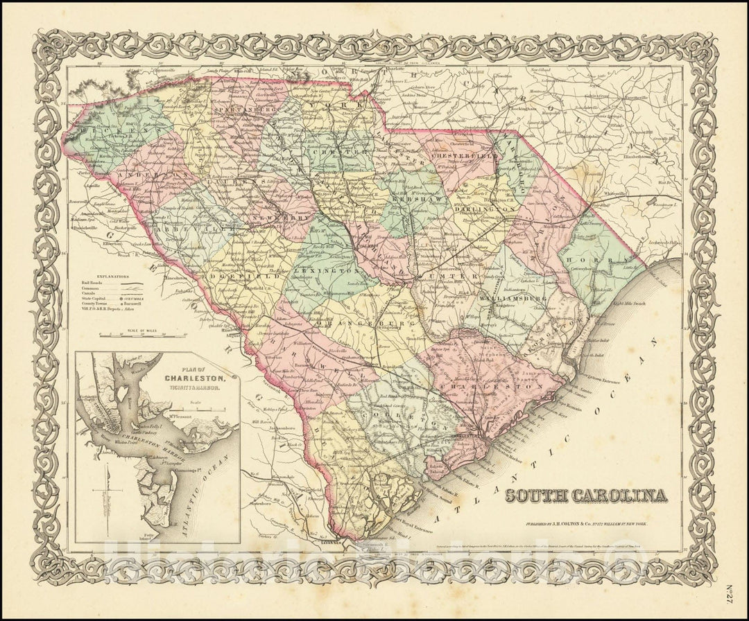 Historic Map : South Carolina , 1855, Vintage Wall Art