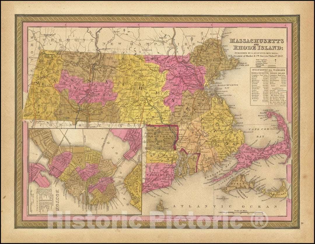 Historic Map : Massachusetts and Rhode Island, with Boston inset, 1847, Vintage Wall Art