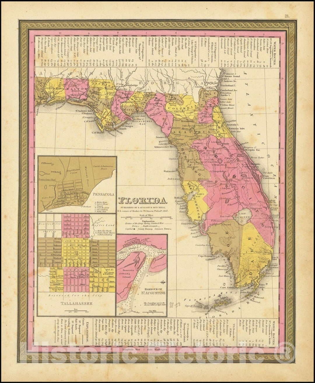 Historic Map : Florida, 1847, 1847, Vintage Wall Art