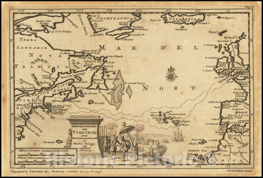 Historic Map : t Noorder Gedeelte van Virginie door Bartholomesus Gosnol en Martin Pringe uyt Engleand bevaaren, 1706, Vintage Wall Art