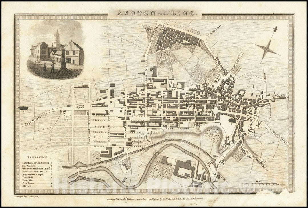 Historic Map : Ashton under Line, 1824, Vintage Wall Art