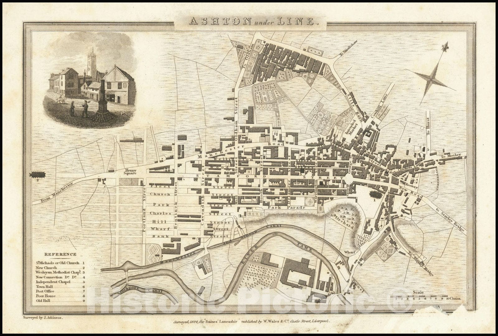 Historic Map : Ashton under Line, 1824, Vintage Wall Art
