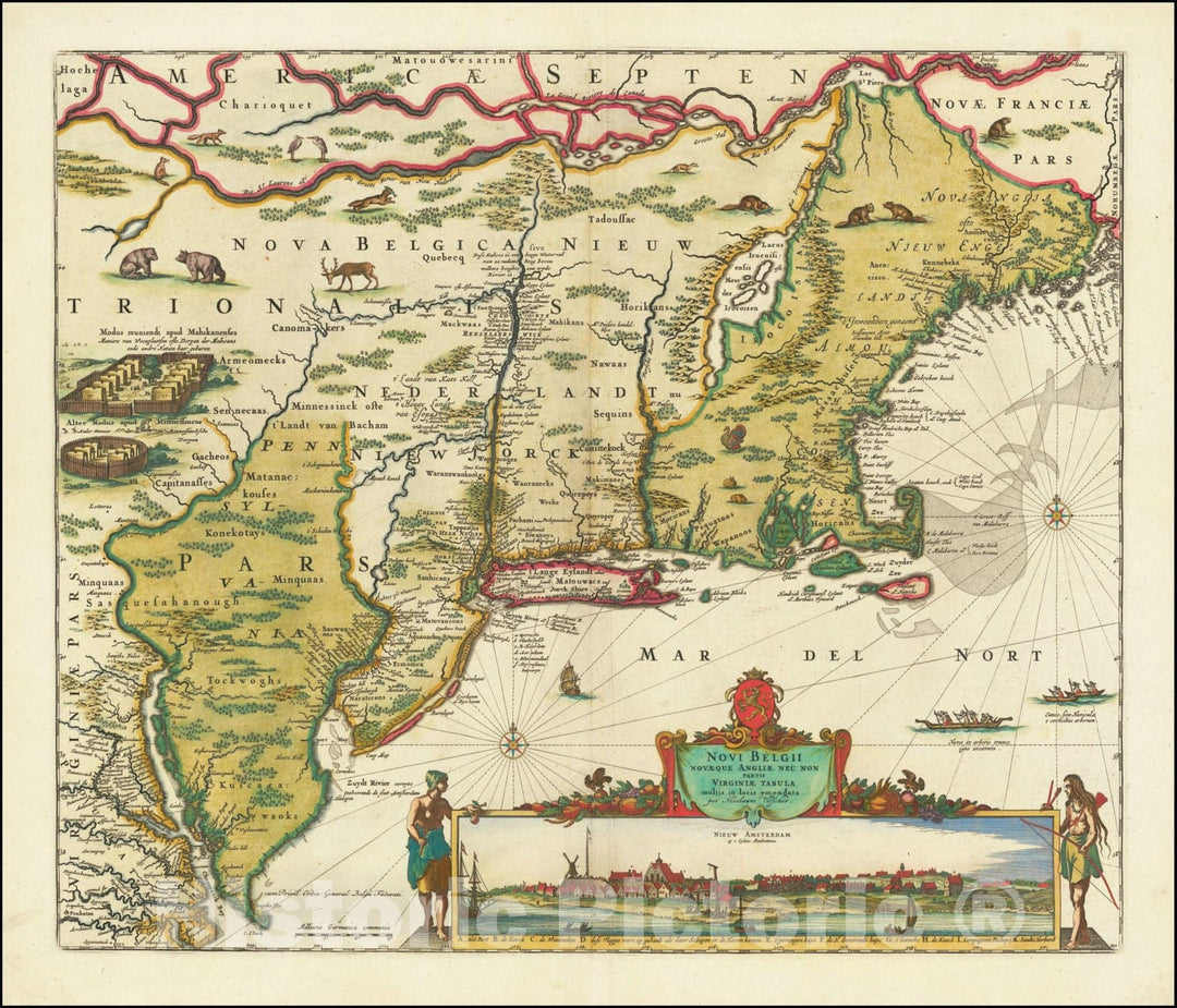 Historic Map : Novi Belgii Novaeque Angliae Nec Non partis Virginiae Tabula multis in locis emendata, 1656 v1, Vintage Wall Art