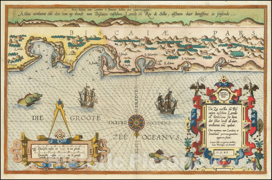 Historic Map : Basque Coast,Die Zee Custen van Biscaijen tuschen Laredo en Sentillana soe hem dat Selue landt all daer vertthoornt enn opdoet, 1583, 1583, Vintage Wall Art