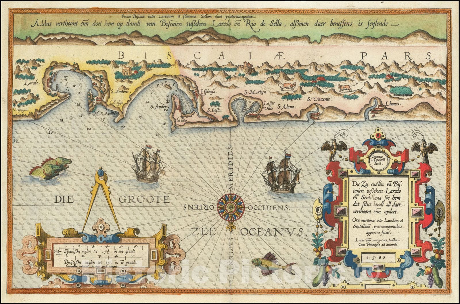 Historic Map : Basque Coast,Die Zee Custen van Biscaijen tuschen Laredo en Sentillana soe hem dat Selue landt all daer vertthoornt enn opdoet, 1583, 1583, Vintage Wall Art
