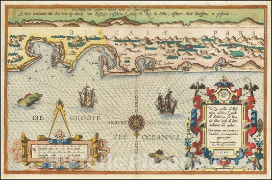 Historic Map : Basque Coast,Die Zee Custen van Biscaijen tuschen Laredo en Sentillana soe hem dat Selue landt all daer vertthoornt enn opdoet, 1583, 1583, Vintage Wall Art