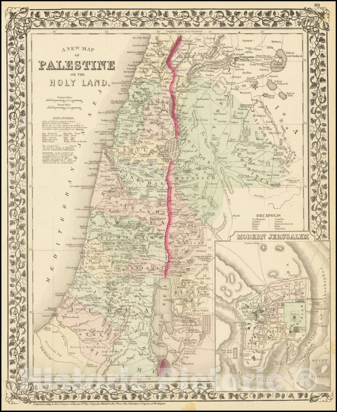 Historic Map : A New Palestine or the Holy Land, 1874, Vintage Wall Art