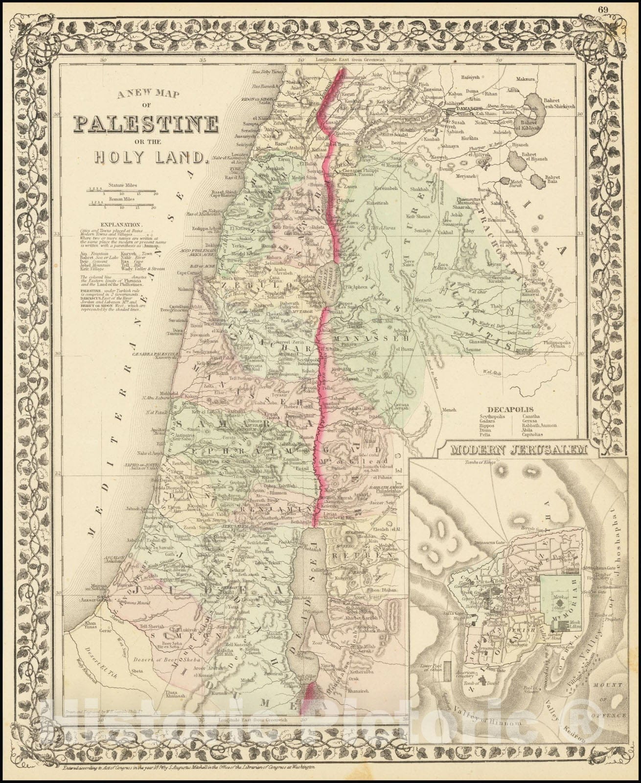 Historic Map : A New Palestine or the Holy Land, 1874, Vintage Wall Art