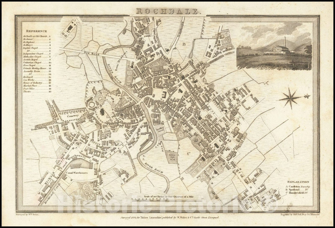 Historic Map : Rochdale, 1824, Vintage Wall Art