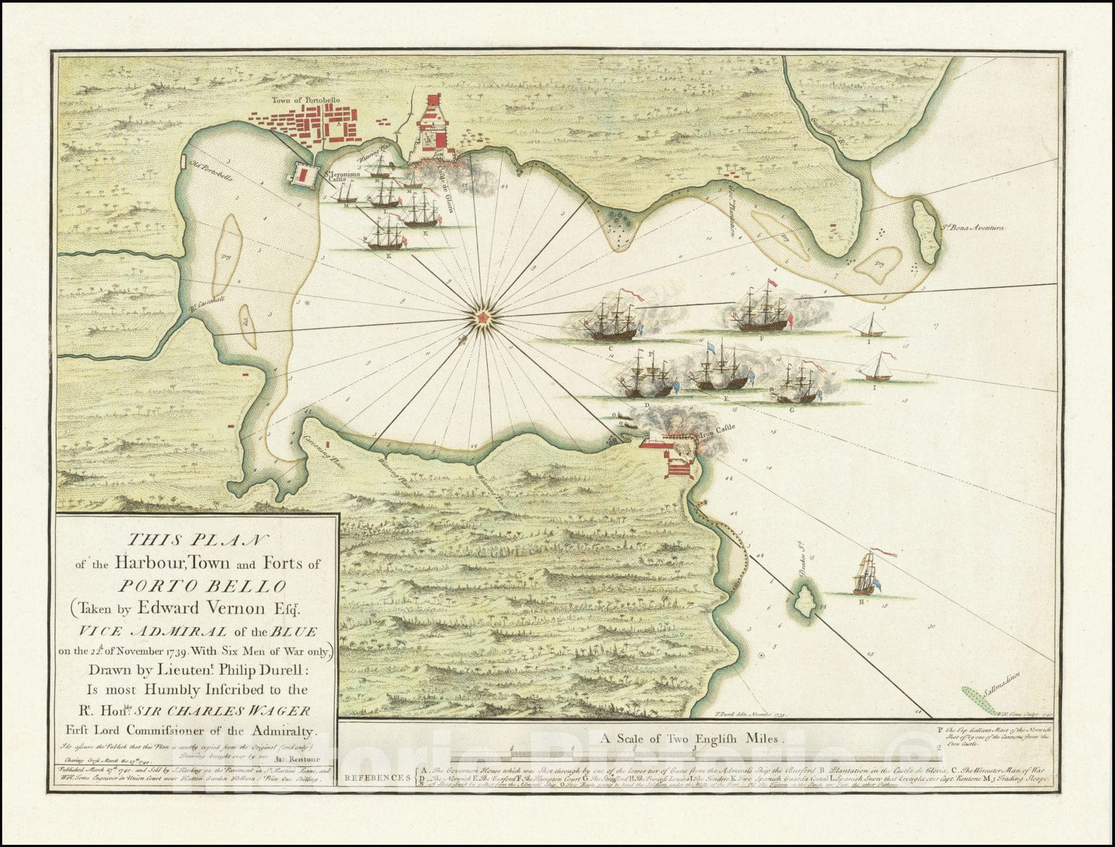 Historic Map : This Plan of the Harbour, Town and Forts of Porto Bello , Taken by Edward Vernon Esqr. Vice Admiral of the Blue on the 22d of November 1739.With Six Men of War only,, 1740, Vintage Wall Art
