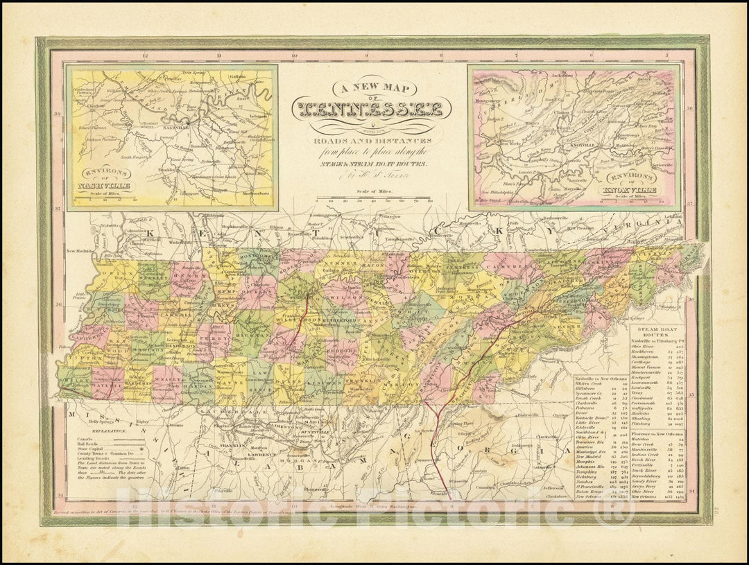 Historic Map : A New Tennessee with its Roads & Distances from palce to place along the Stage & Steamboat Routes.By H.S. Tanner, 1841, Vintage Wall Art