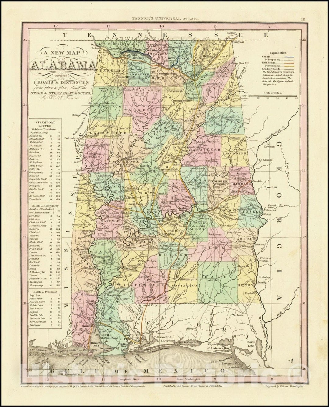 Historic Map : A New Alabama with its Canals, Roads, Distances from Place to Place, along the Stage & Steam Boat Routes, by H.S. Tanner, 1836, Vintage Wall Art