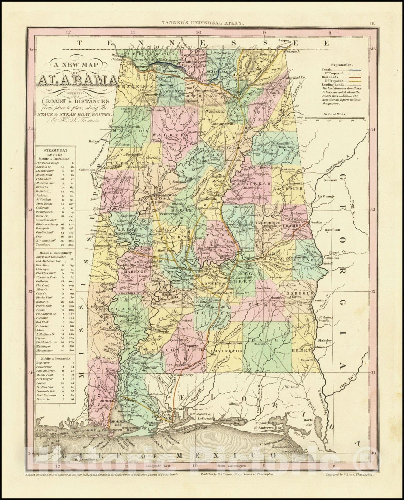 Historic Map : A New Alabama with its Canals, Roads, Distances from Place to Place, along the Stage & Steam Boat Routes, by H.S. Tanner, 1836, Vintage Wall Art