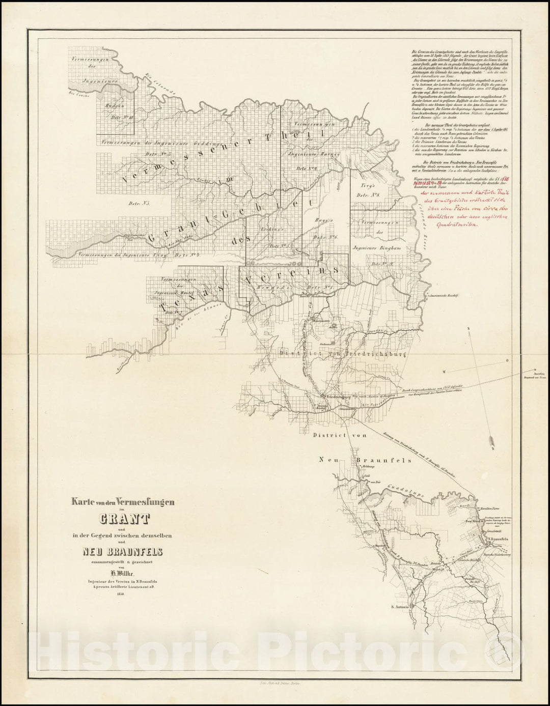 Historic Map : Karte von den Vermessungen im Grant und in der Gegend zwischen demselben und Neu Braunfels . ., Survey in the Grant and in the region between it and New Braunfels,  1850, Vintage Wall Art