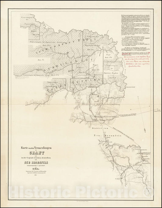Historic Map : Karte von den Vermessungen im Grant und in der Gegend zwischen demselben und Neu Braunfels . ., Survey in the Grant and in the region between it and New Braunfels,  1850, Vintage Wall Art