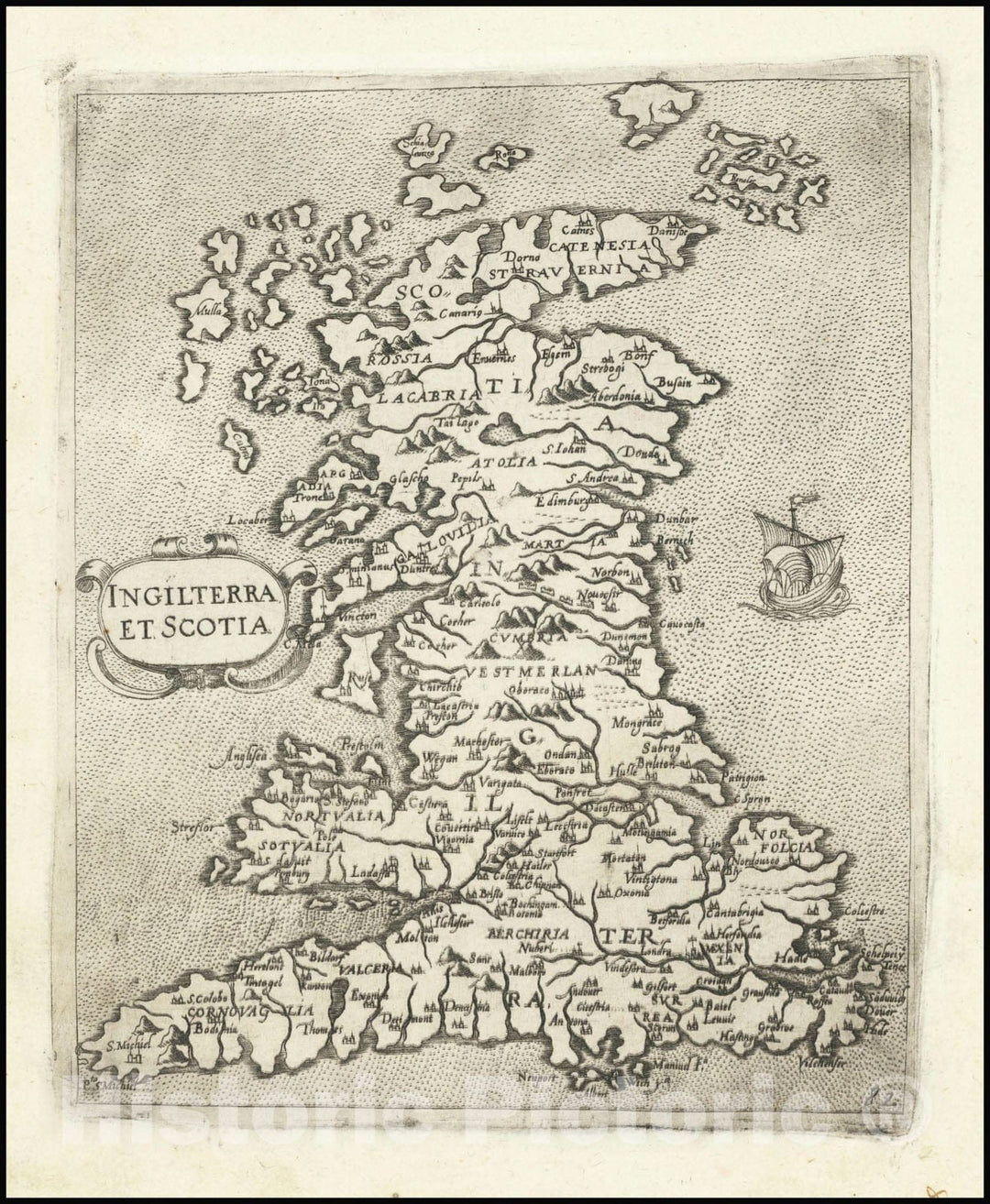 Historic Map : Ingilterra et Scotia, 1575, Vintage Wall Art