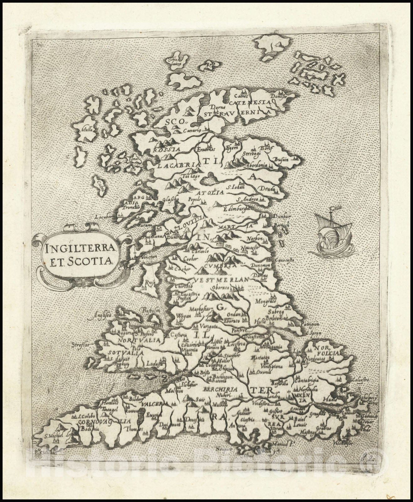 Historic Map : Ingilterra et Scotia, 1575, Vintage Wall Art