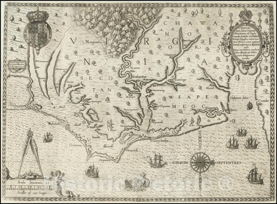 Historic Map : Americae pars, nunc Virginia dicta primum ab Anglis inventa Sumtibus Dn. Walteri Raleigh Equesstris ordinis, MDLXXXV , 1590, Vintage Wall Art