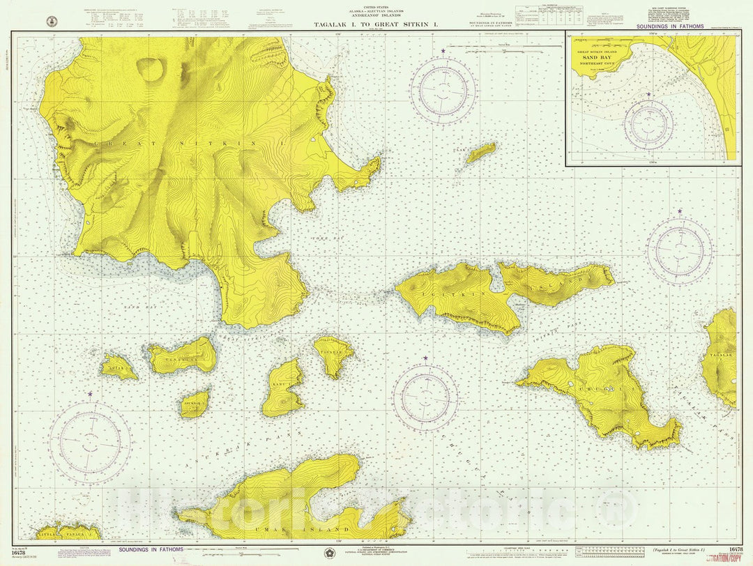 Historic Nautical Map - Tagalak Island To Great Sitkin Island, AK, 1974 NOAA Chart - Vintage Wall Art