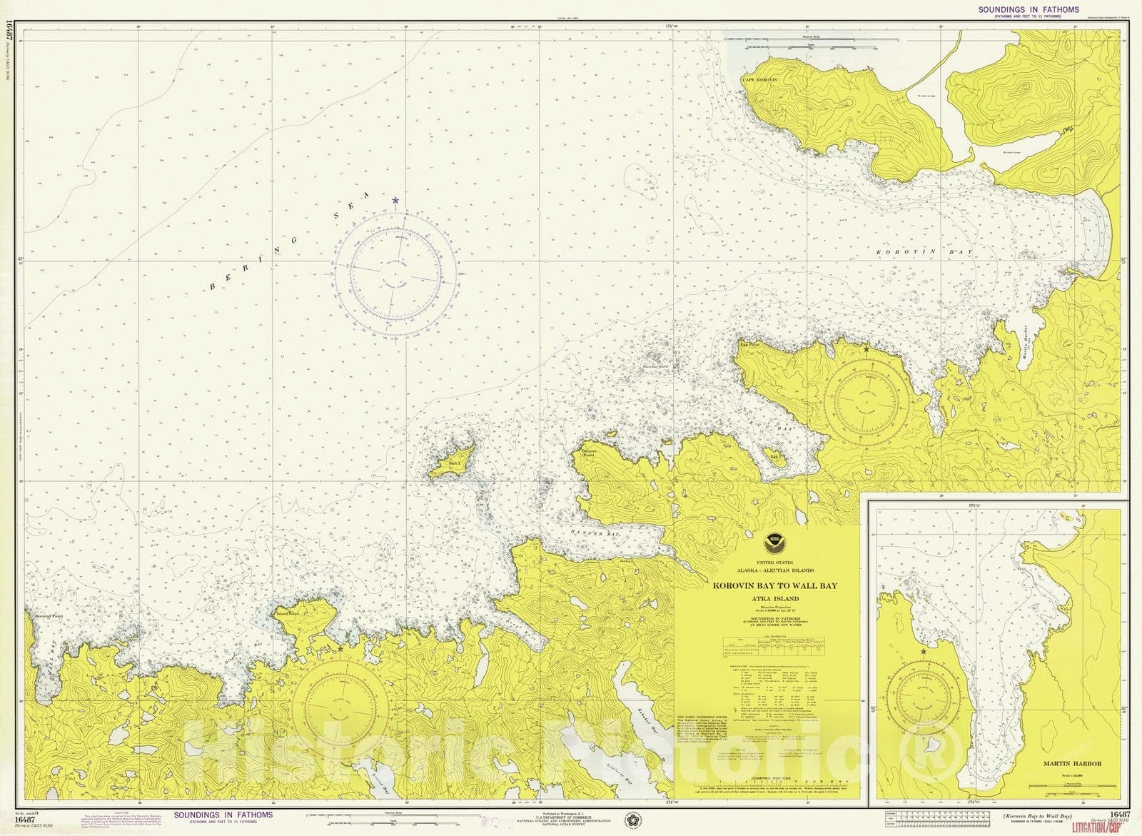 Historic Nautical Map - Korovin Bay To Wall Bay, AK, 1974 NOAA Chart - Vintage Wall Art