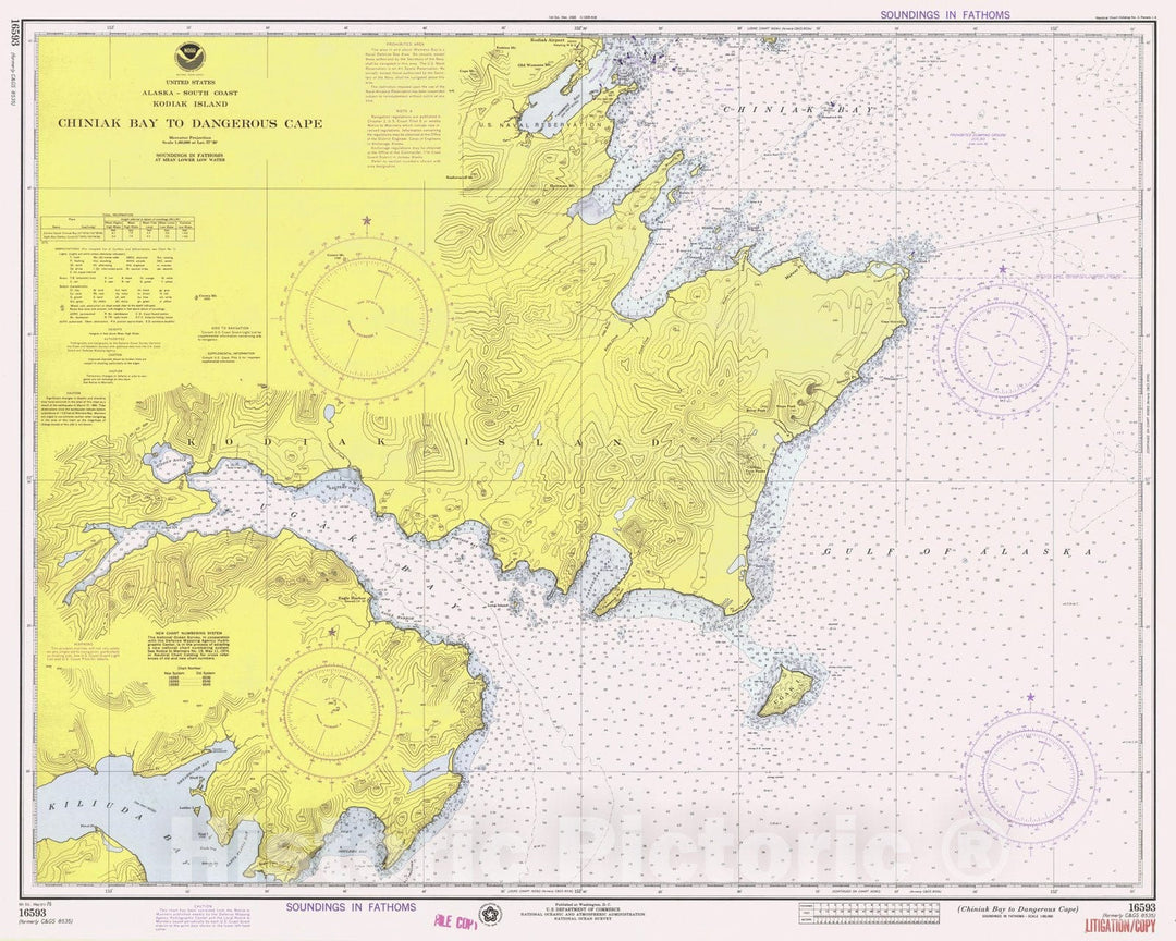 Historic Nautical Map - Chiniak Bay To Dangerous Cape, AK, 1975 NOAA Chart - Vintage Wall Art