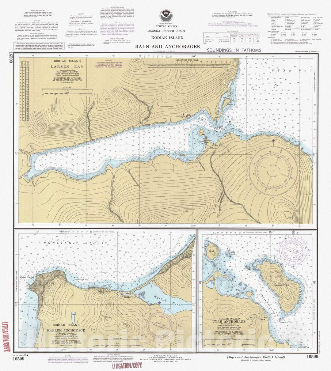 Historic Nautical Map - Bays And Anchorages Kodiak Island, AK, 1990 NOAA Chart - Vintage Wall Art