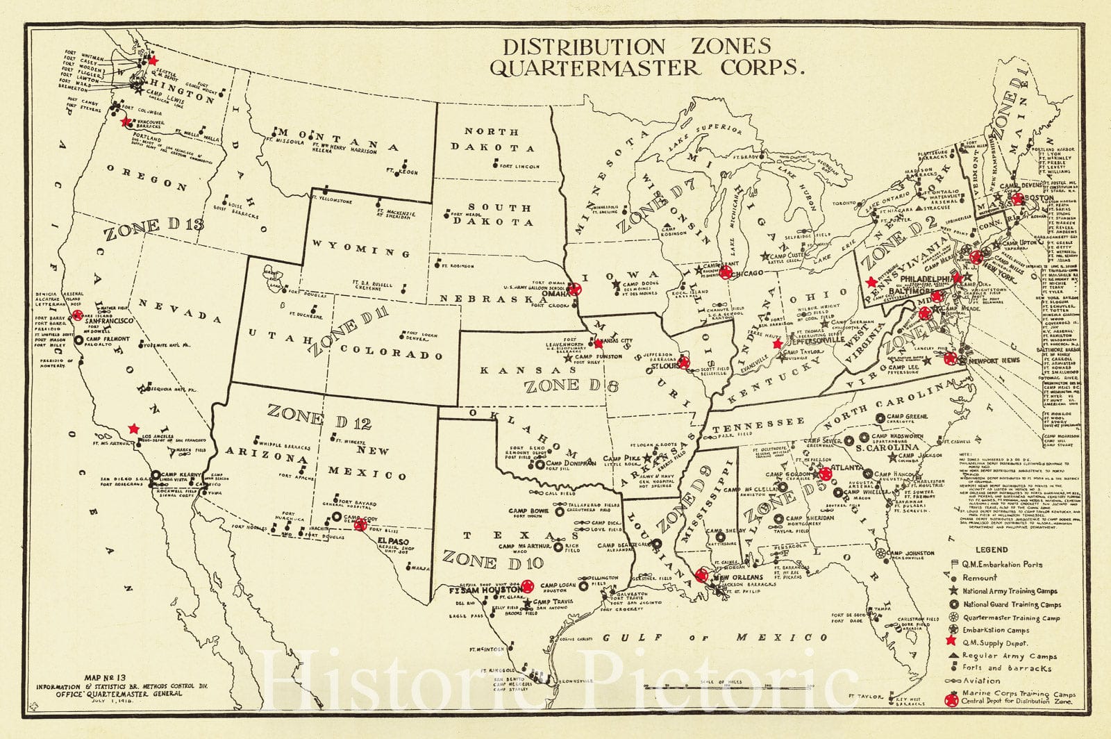 Historic Historic Nautical Map - Distribution Zones Quartermaster Corps, USA, 1918 NOAA Cartographic - Antique Vintage Decor Poster Wall Art Reproduction