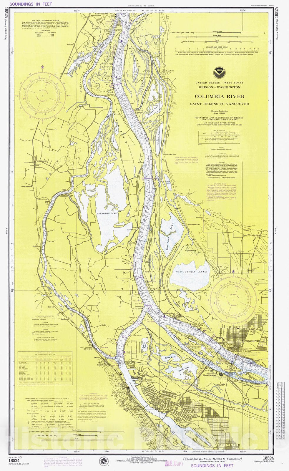Historic Nautical Map - Columbia R St Helens To Vancouver, WA, OR, 1976 NOAA Chart - Vintage Wall Art