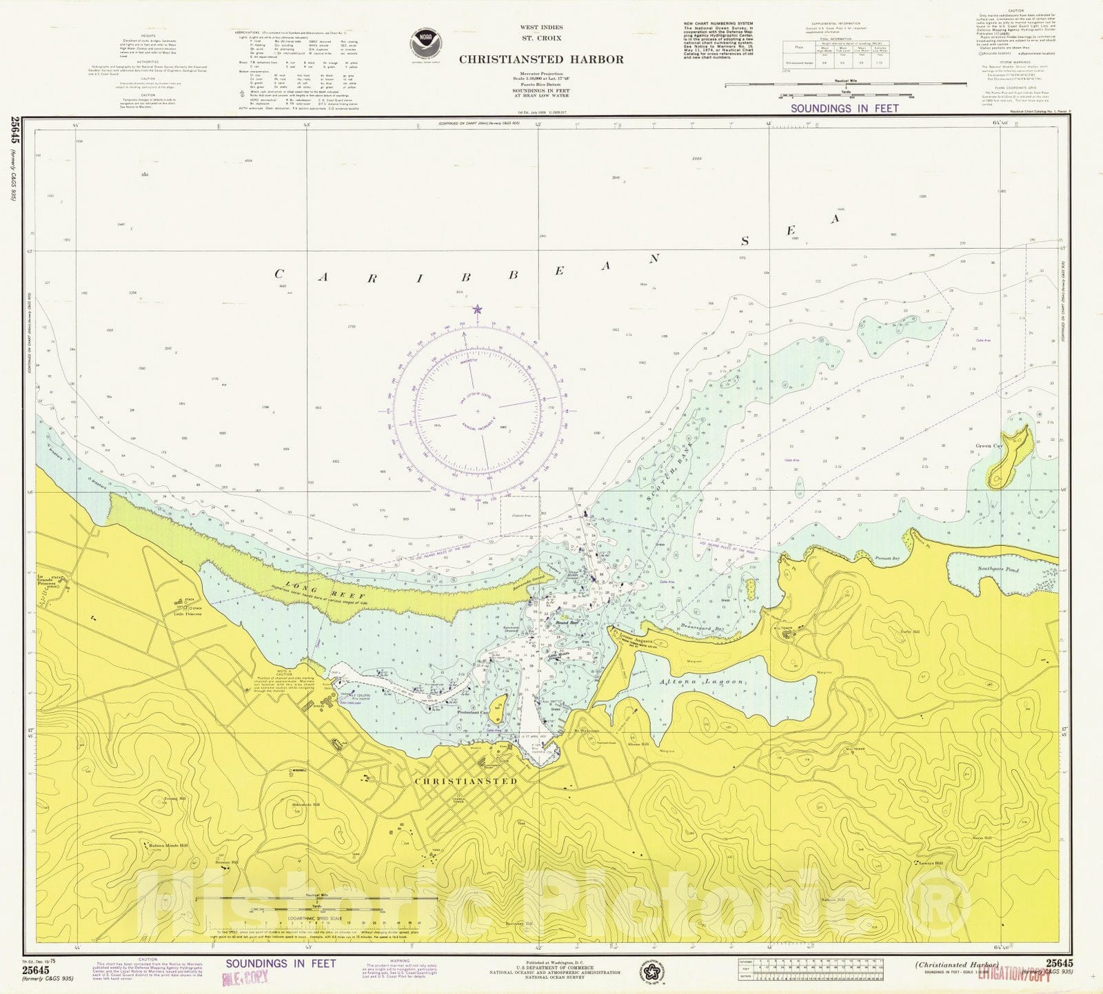 Historic Nautical Map - Christiansted Harbor, VI, 1975 NOAA Chart - Vintage Wall Art