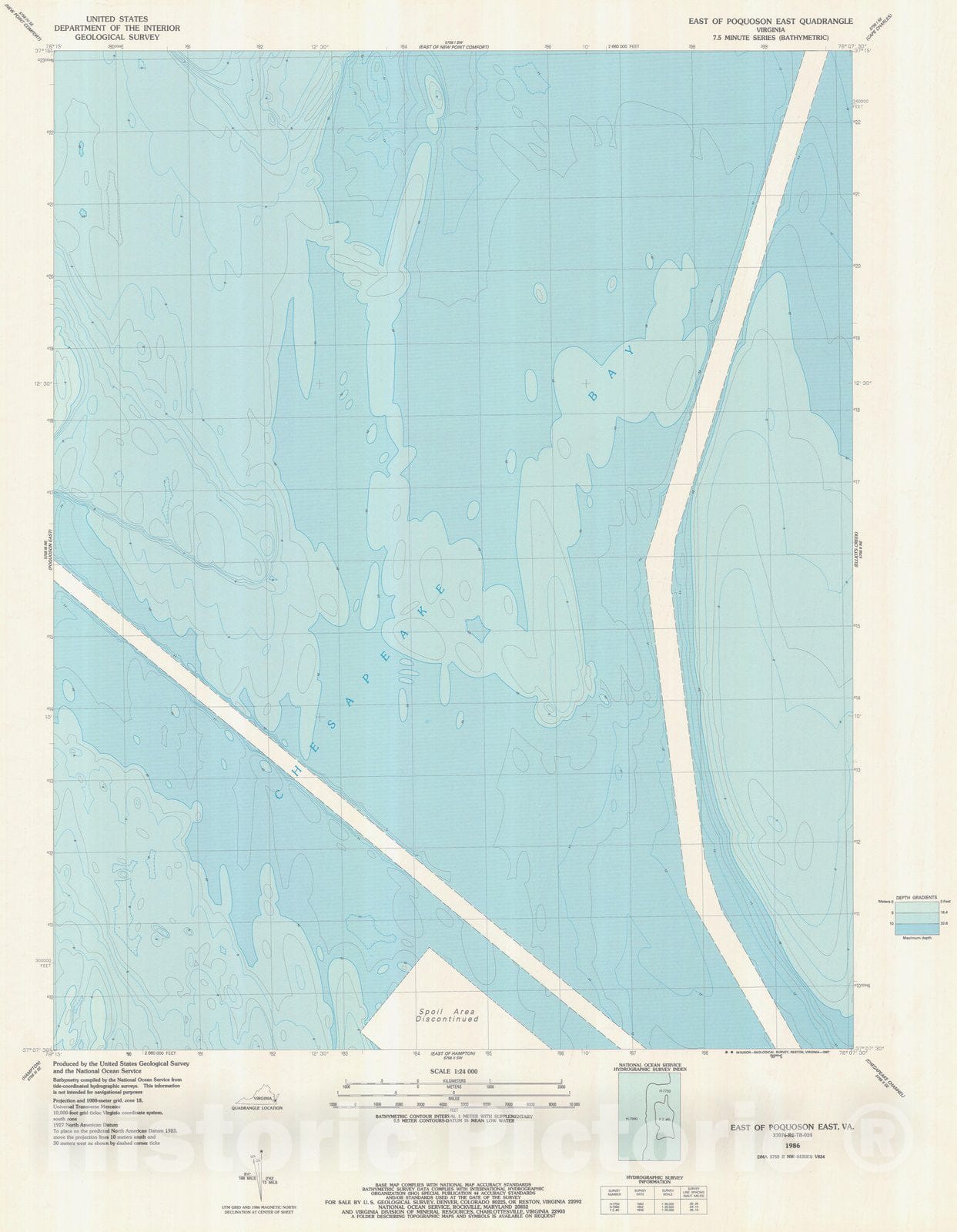 Historic Nautical Map - East Of Poquoson East, VA, 1986 NOAA Topographic Bathymetric Historic Nautical Map - Vintage Wall Art