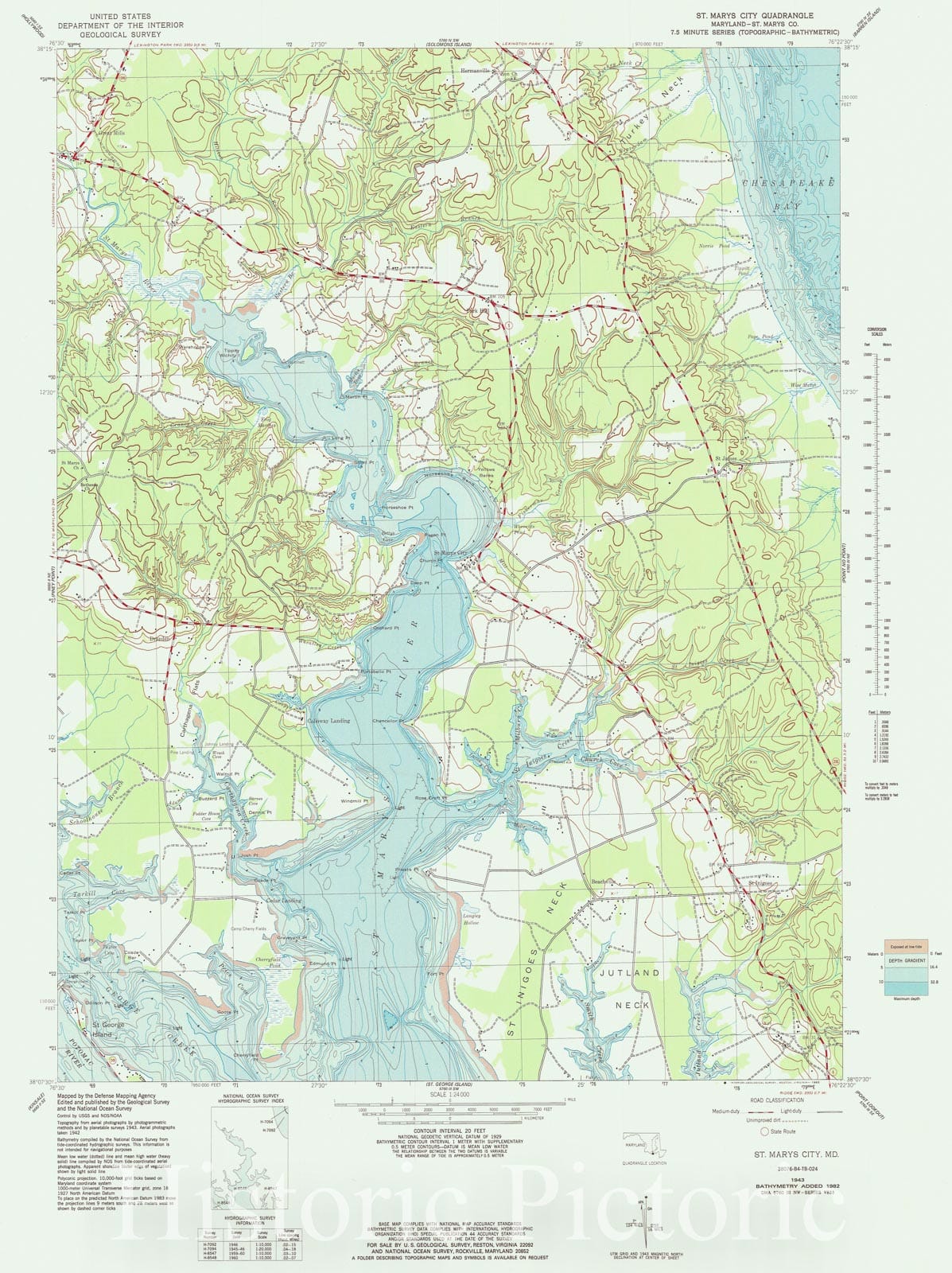 Historic Nautical Map - St Marys City Md, MD, 1982 NOAA Topographic Bathymetric Historic Nautical Map - Vintage Wall Art
