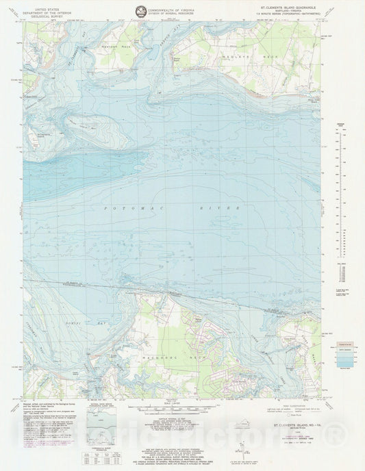 Historic Nautical Map - St Clements Island Md Va, MD, VA, 1983 NOAA Topographic Bathymetric Historic Nautical Map - Vintage Wall Art