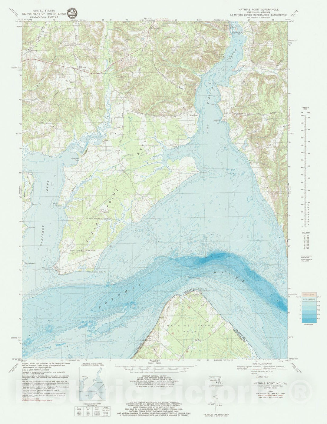 Historic Nautical Map - Mathias Point Md Va, MD, VA, 1982 NOAA Topographic Bathymetric Historic Nautical Map - Vintage Wall Art
