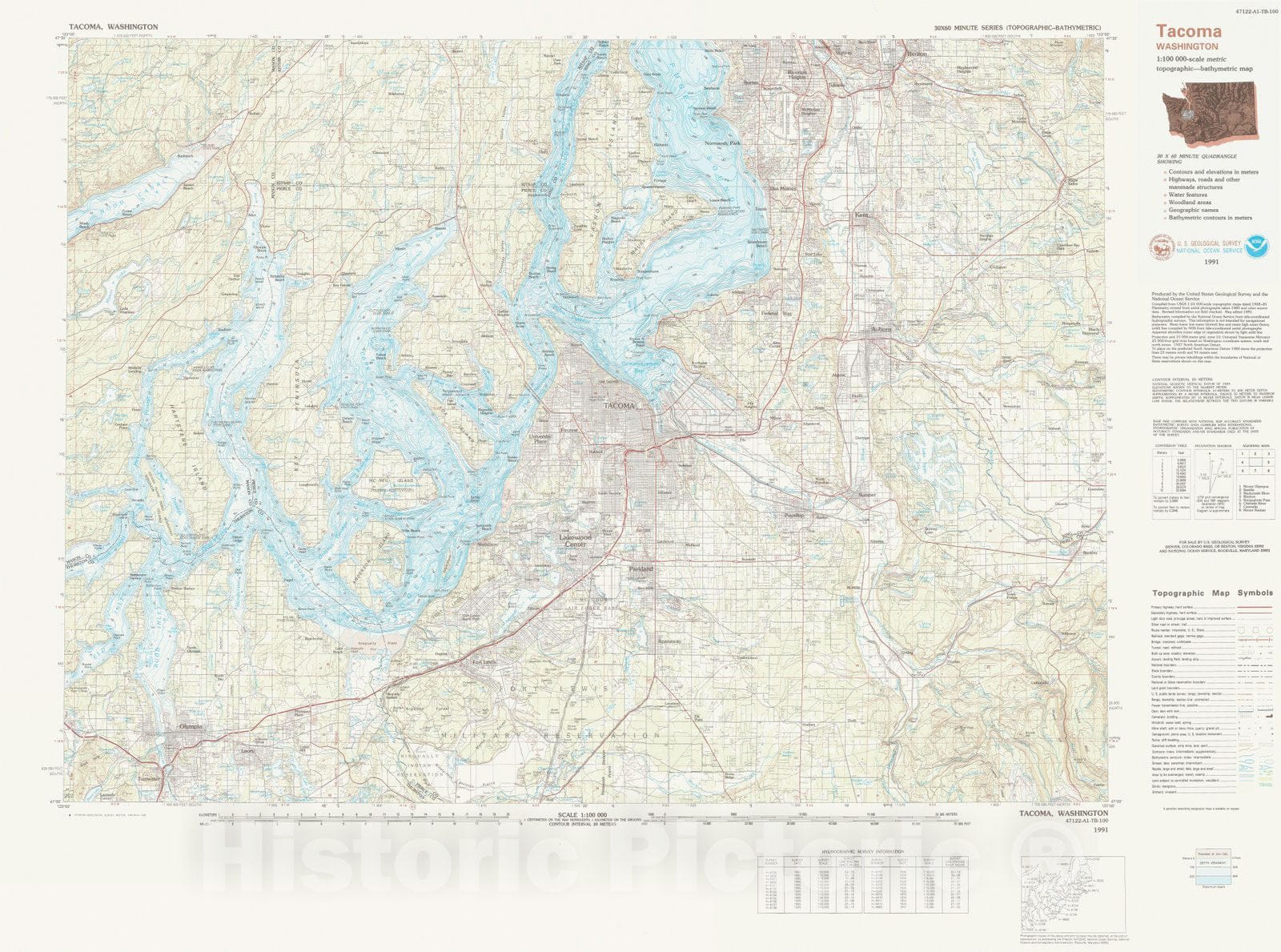 Historic Nautical Map - Tacoma, WA, 1991 NOAA Topographic Bathymetric Historic Nautical Map - Vintage Wall Art