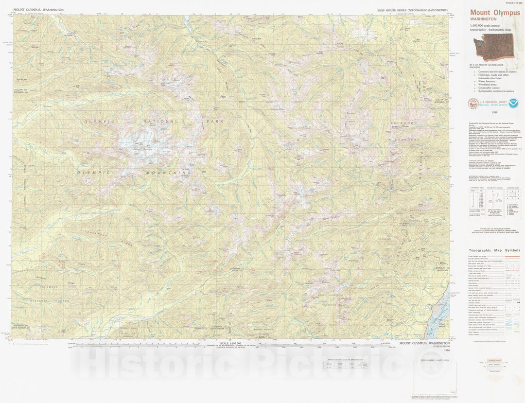 Historic Nautical Map - Mount Olympus, WA, 1988 NOAA Topographic Bathymetric Historic Nautical Map - Vintage Wall Art