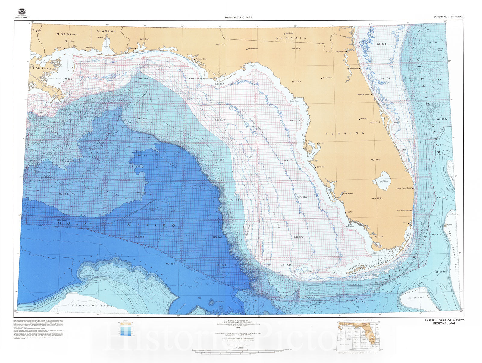 Historic Nautical Map - Eastern Gulf Of Mexico - 1, AL, MS, LA, FL, 1986 NOAA Bathymetric Historic Nautical Map - Vintage Wall Art