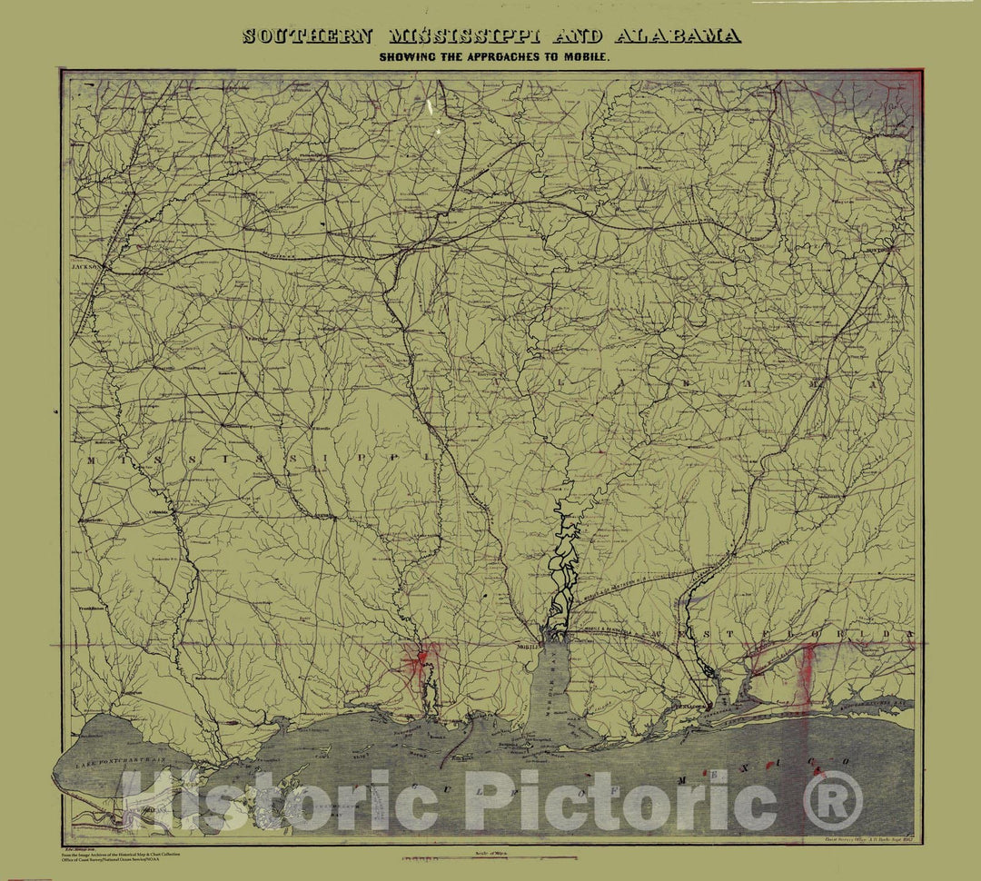 Historic Nautical Map - Southern Mississippi And Alabama, MS, AL, 1863 Civil War Historic Nautical Map - Vintage Wall Art