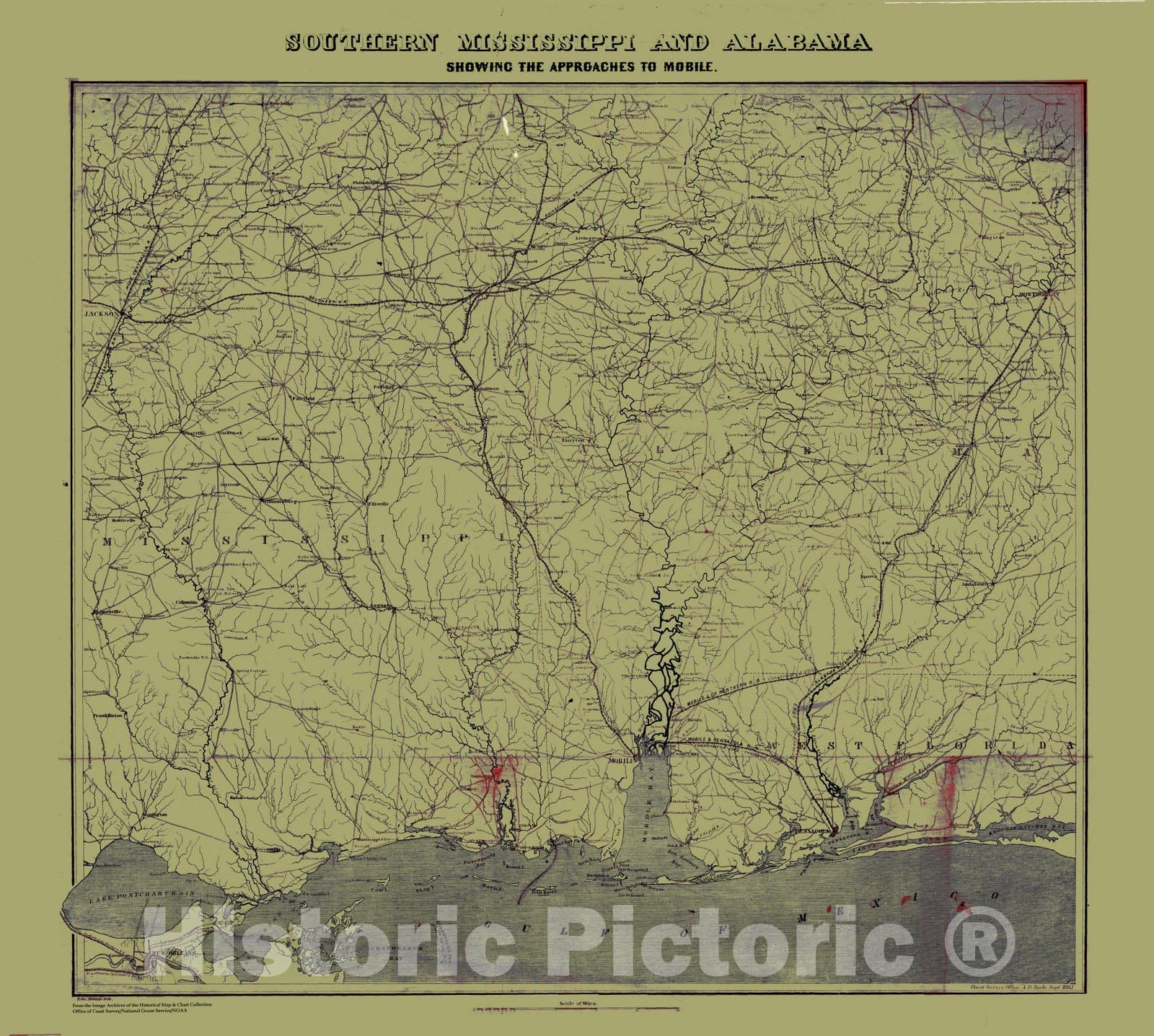 Historic Nautical Map - Southern Mississippi And Alabama, MS, AL, 1863 Civil War Historic Nautical Map - Vintage Wall Art