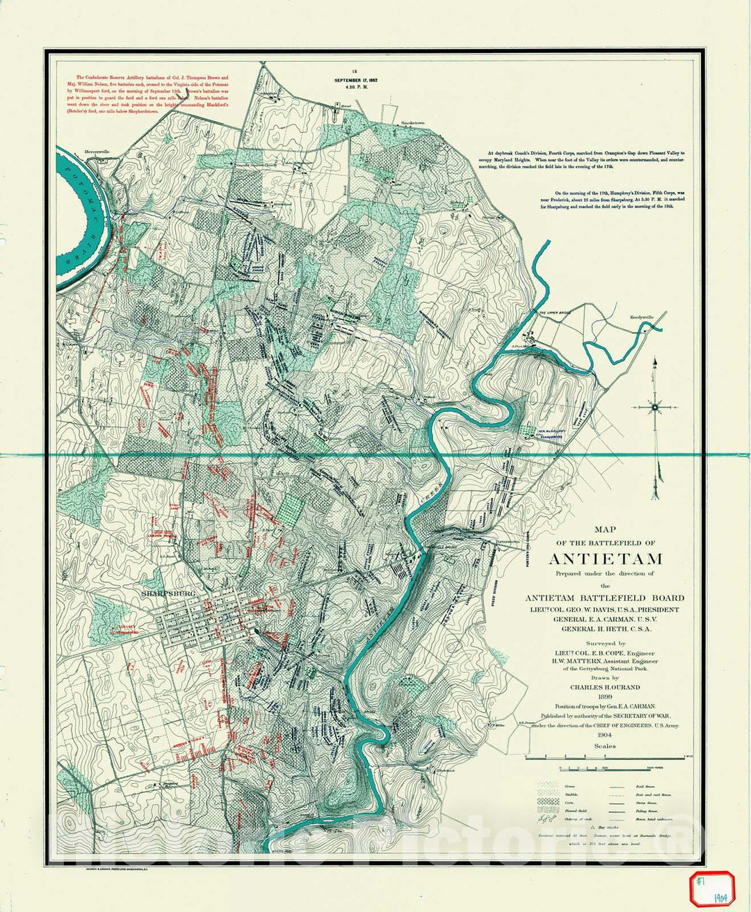 Historic Nautical Map - Map Of The Battlefield Of Antietam, Showing Troop Locations As Of September 17, 1862, 4:20 Pm, MD, 1904 Civil War Historic Nautical Map - Vintage Wall Art