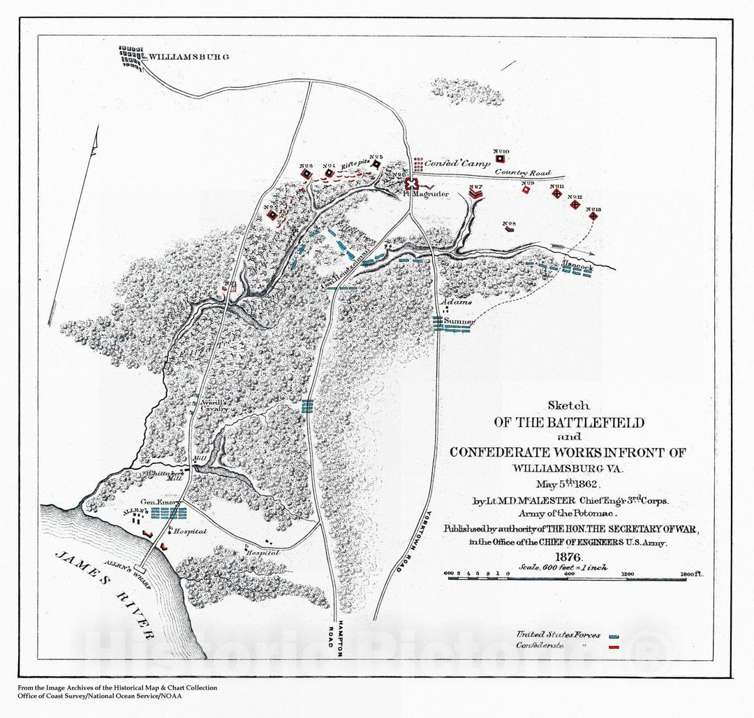 Historic Nautical Map - Sketch Of The Battlefield And Confederate Works In Front Of Williamsburg, Va, VA, 1876 Civil War Historic Nautical Map - Vintage Wall Art