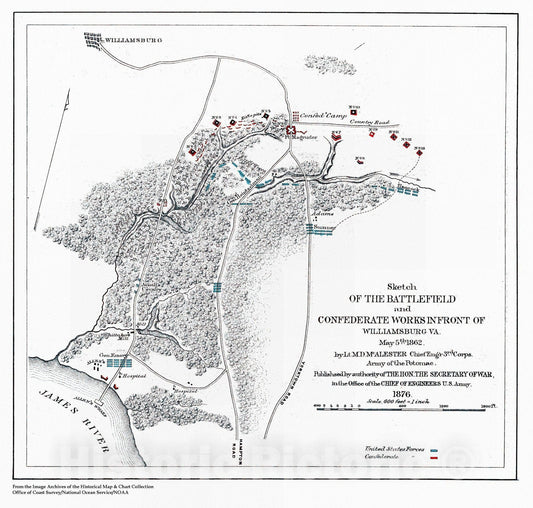 Historic Nautical Map - Sketch Of The Battlefield And Confederate Works In Front Of Williamsburg, Va, VA, 1876 Civil War Historic Nautical Map - Vintage Wall Art