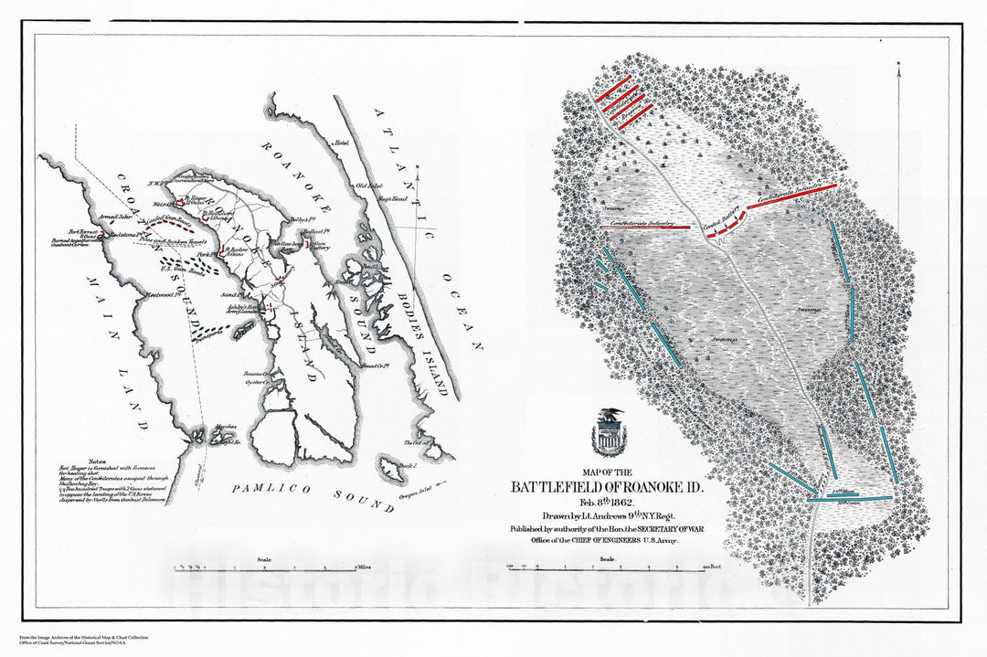 Historic Nautical Map - Map Of The Battlefield Of Roanoke Id, NC, 1862 Civil War Historic Nautical Map - Vintage Wall Art